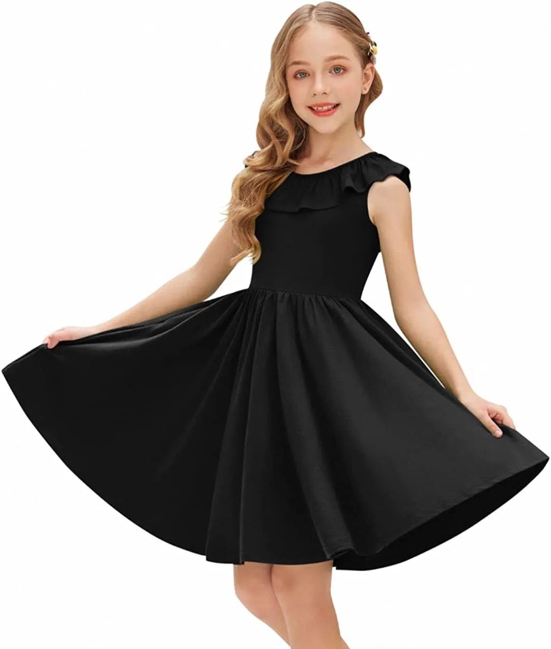 Arshiner Girls Ruffle Trim Neckline Dress A-Line Swing Dresses