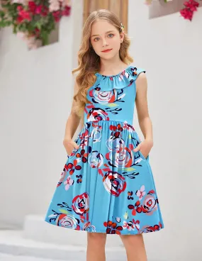 Arshiner Girls Ruffle Trim Neckline Dress A-Line Swing Dresses