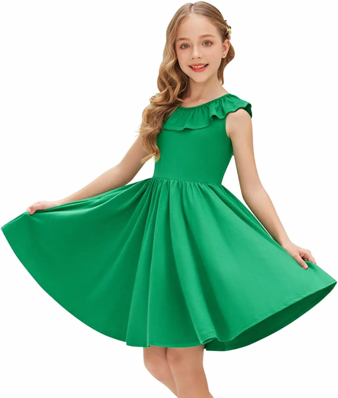 Arshiner Girls Ruffle Trim Neckline Dress A-Line Swing Dresses