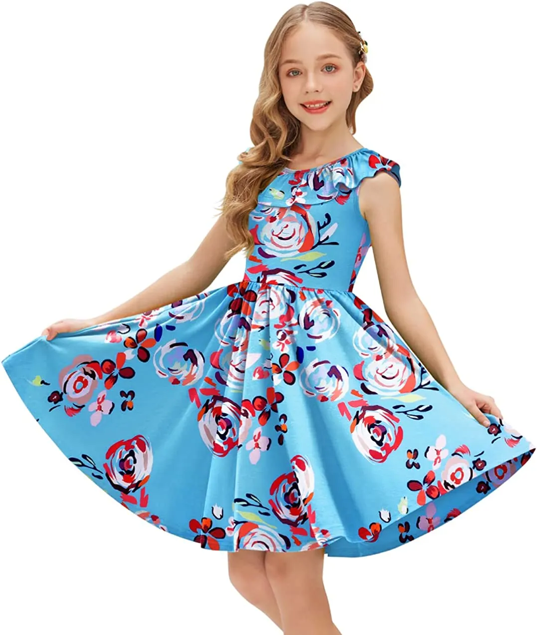 Arshiner Girls Ruffle Trim Neckline Dress A-Line Swing Dresses