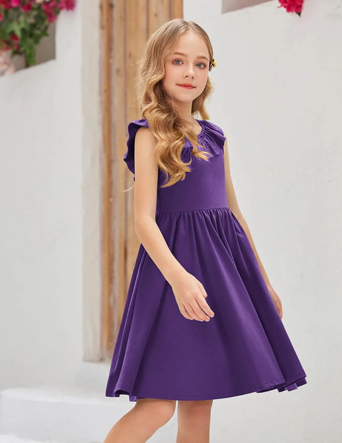 Arshiner Girls Ruffle Trim Neckline Dress A-Line Swing Dresses