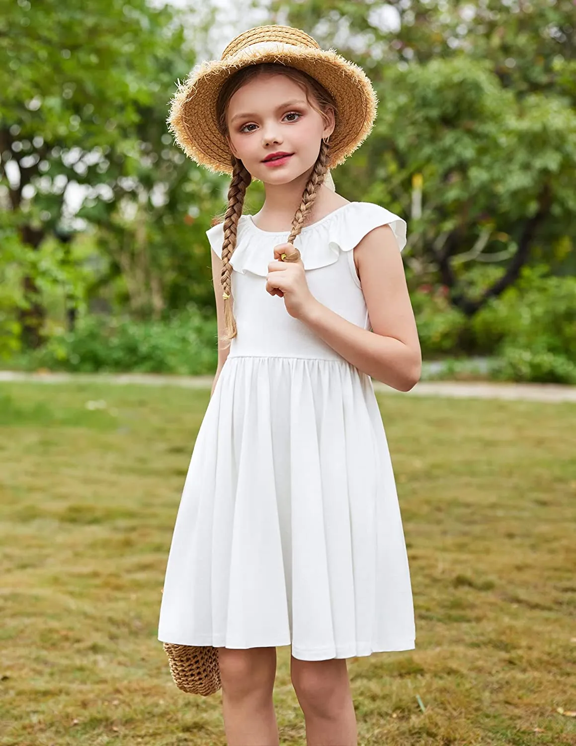 Arshiner Girls Ruffle Trim Neckline Dress A-Line Swing Dresses