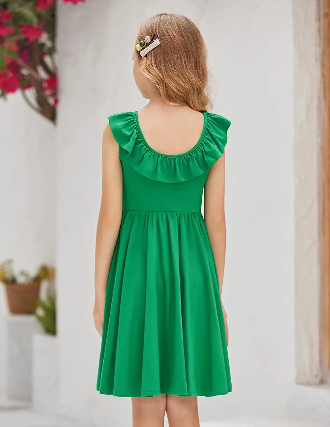 Arshiner Girls Ruffle Trim Neckline Dress A-Line Swing Dresses