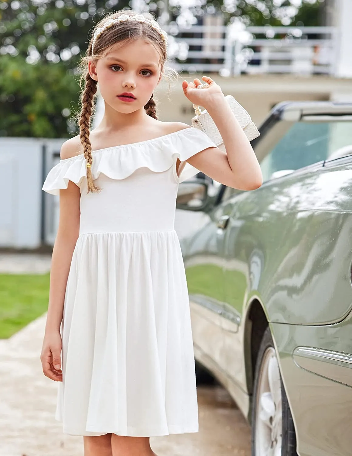 Arshiner Girls Ruffle Trim Neckline Dress A-Line Swing Dresses