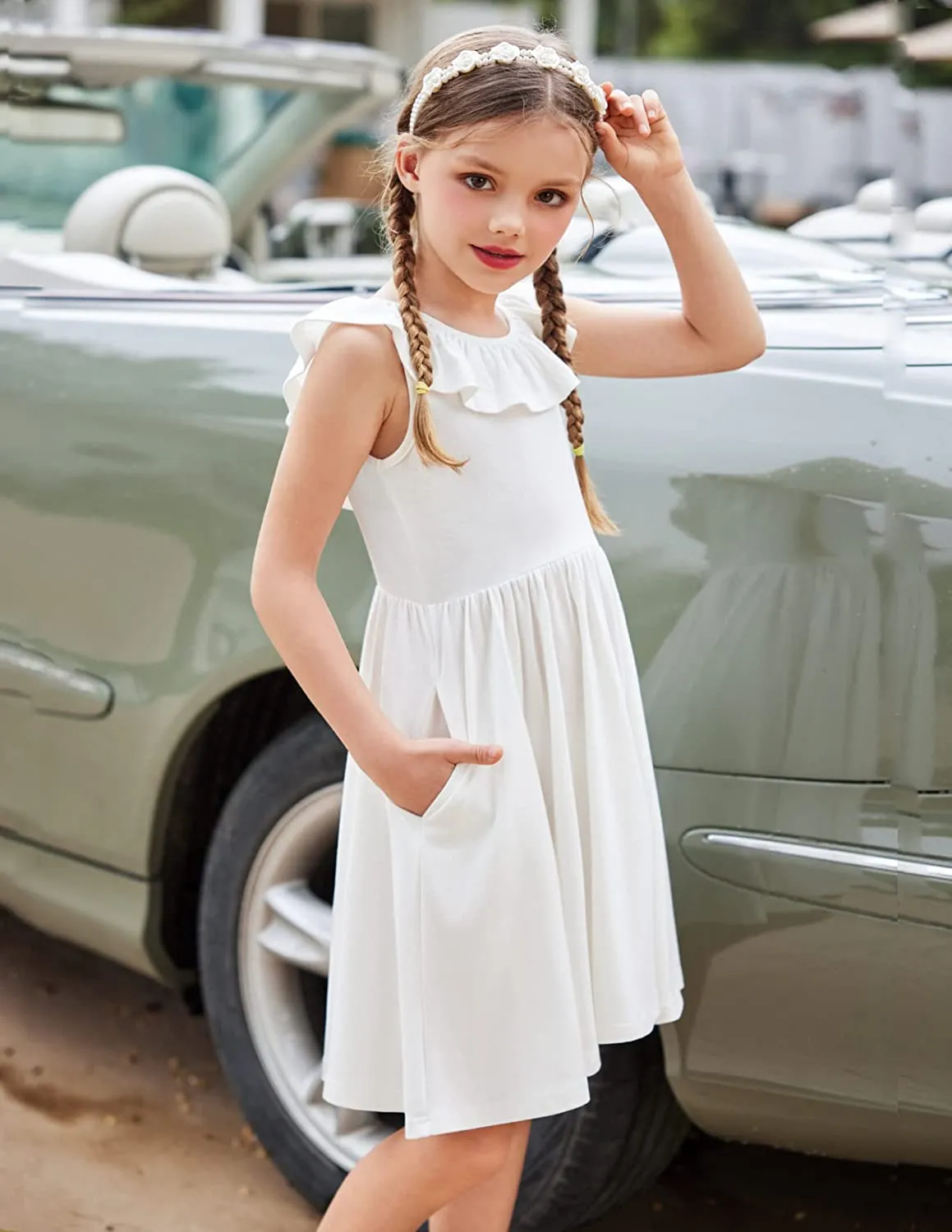 Arshiner Girls Ruffle Trim Neckline Dress A-Line Swing Dresses