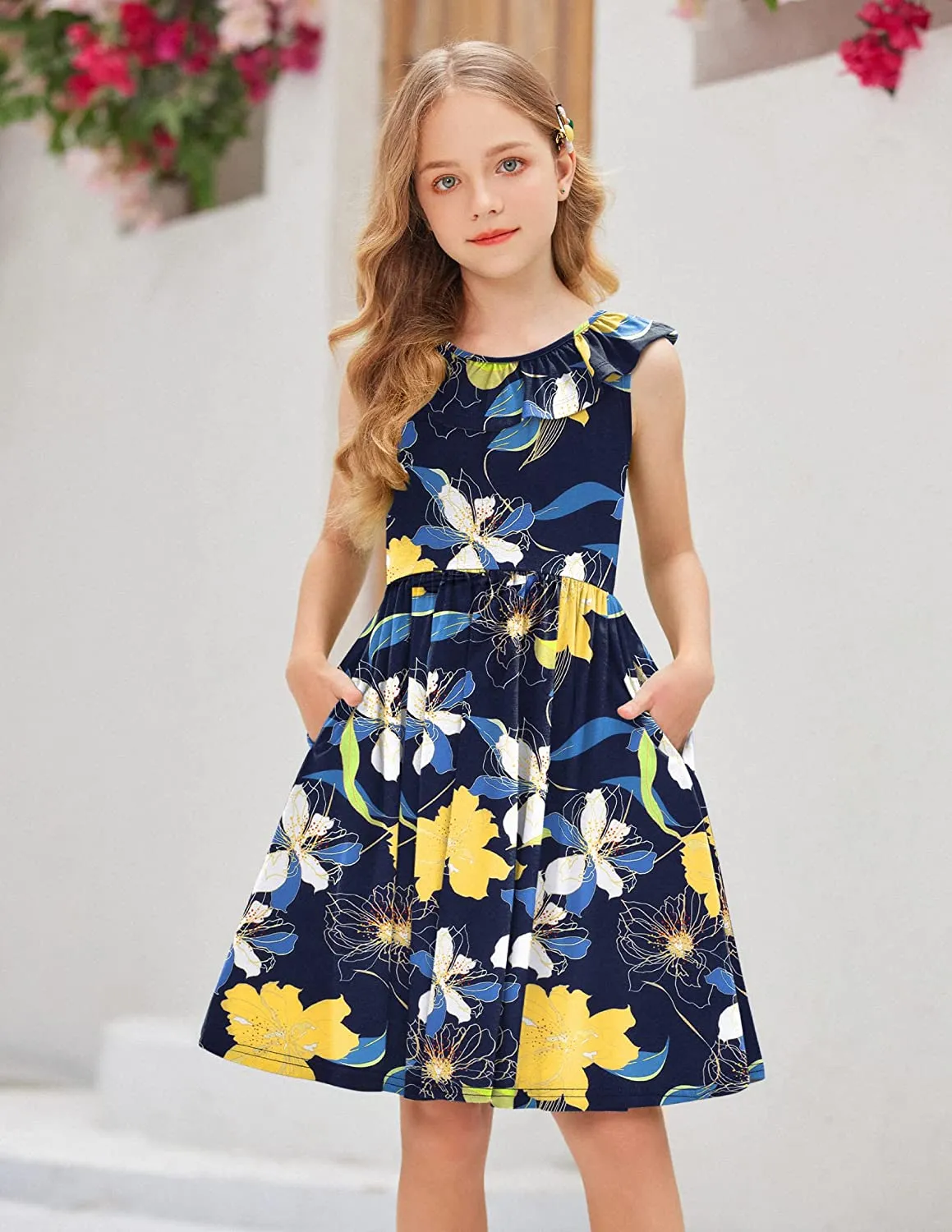 Arshiner Girls Ruffle Trim Neckline Dress A-Line Swing Dresses