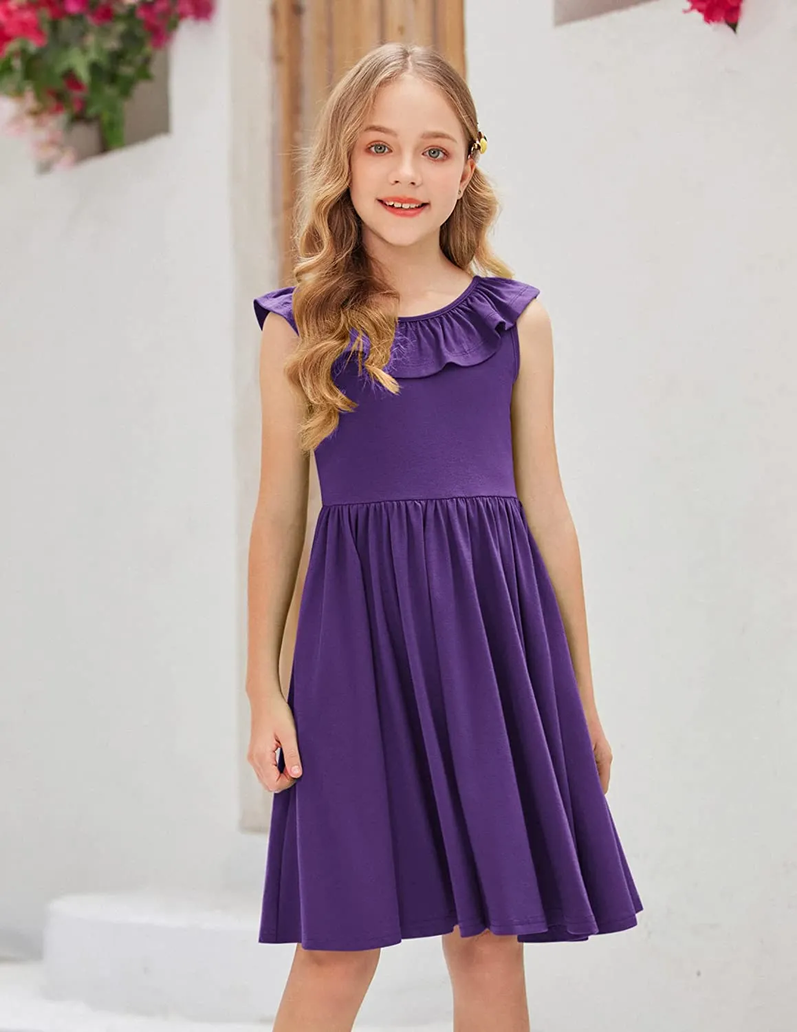 Arshiner Girls Ruffle Trim Neckline Dress A-Line Swing Dresses