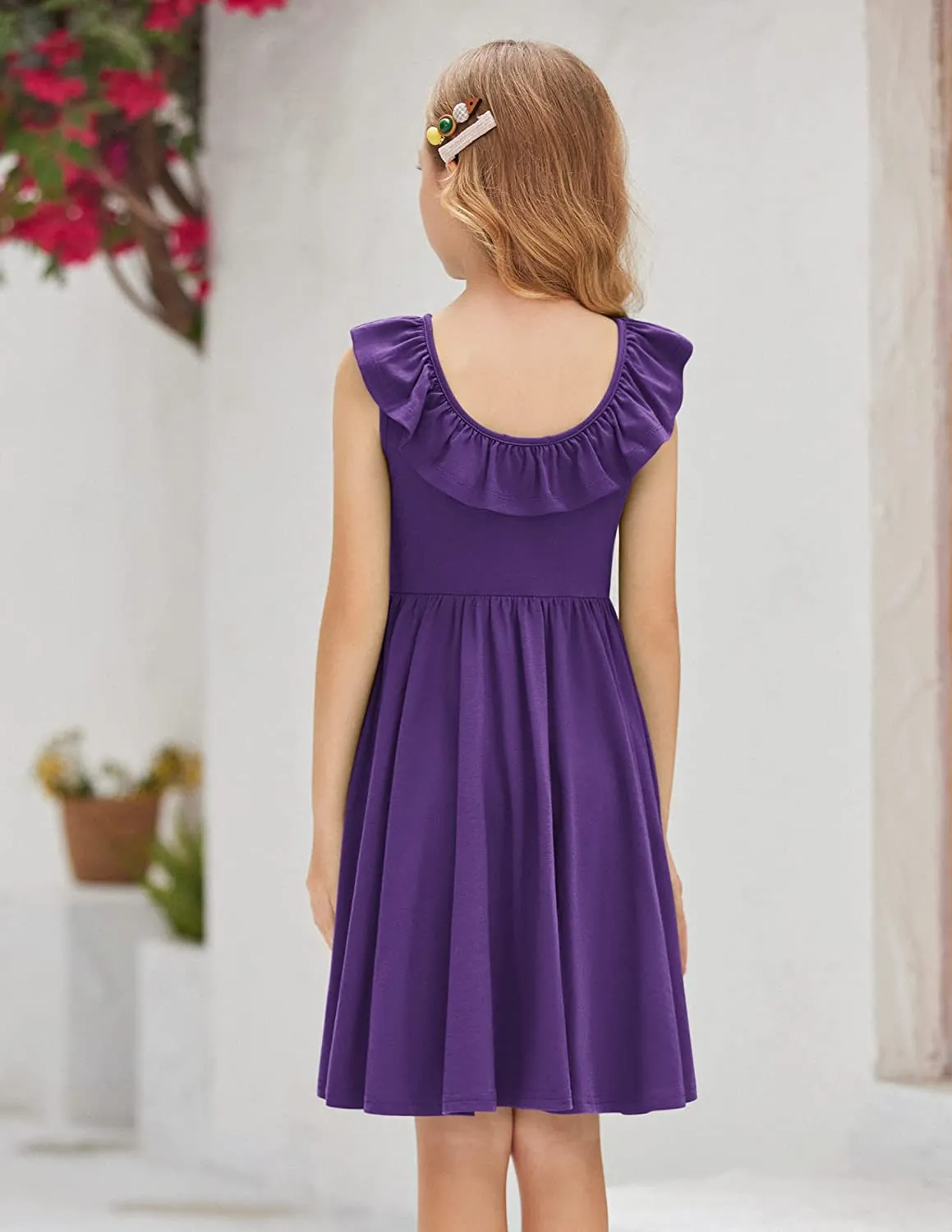 Arshiner Girls Ruffle Trim Neckline Dress A-Line Swing Dresses