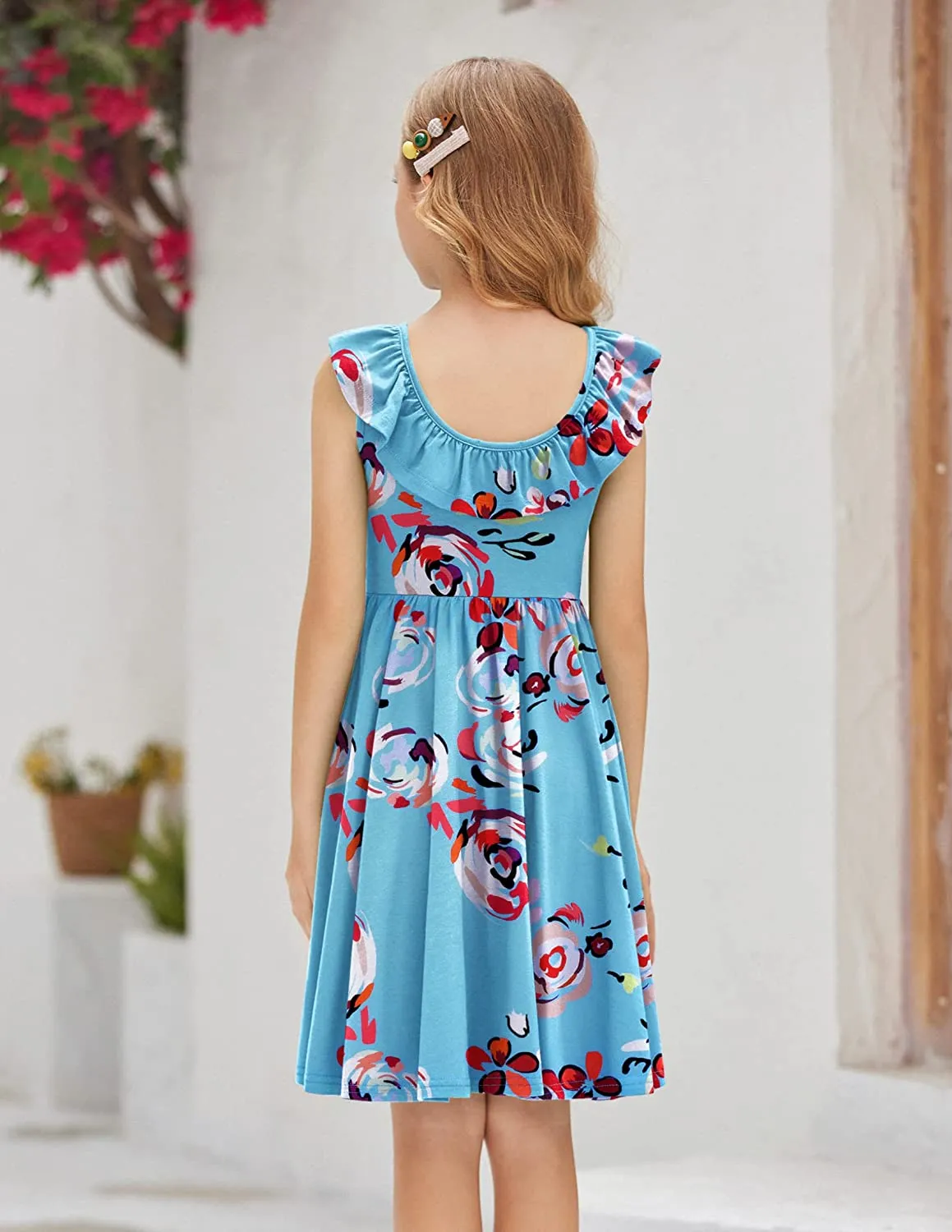 Arshiner Girls Ruffle Trim Neckline Dress A-Line Swing Dresses