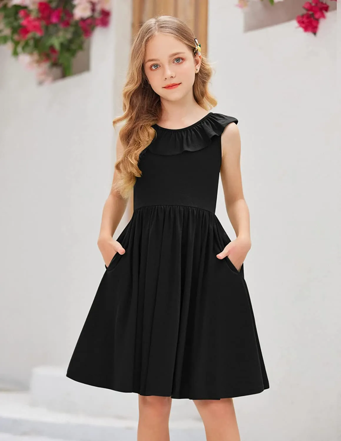 Arshiner Girls Ruffle Trim Neckline Dress A-Line Swing Dresses