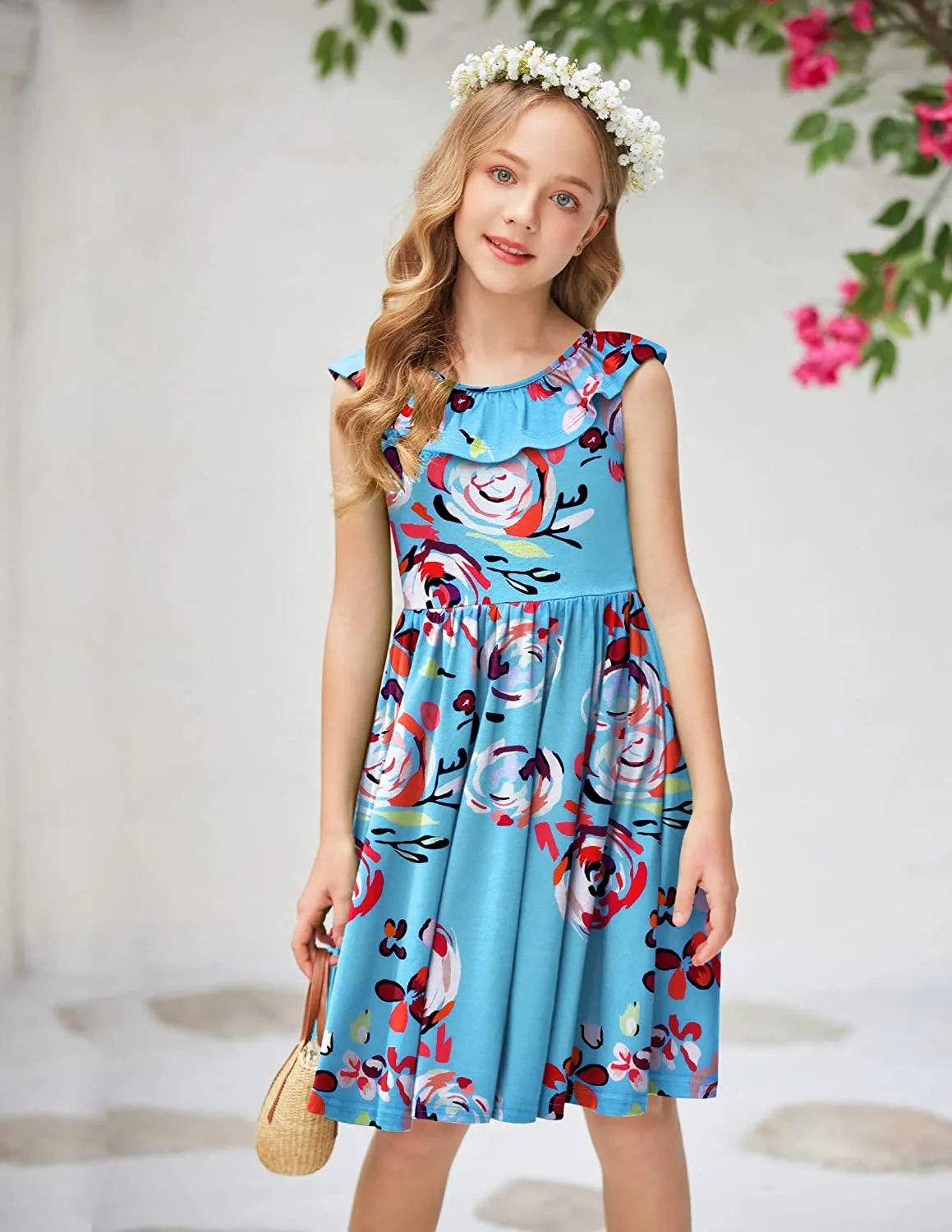 Arshiner Girls Ruffle Trim Neckline Dress A-Line Swing Dresses