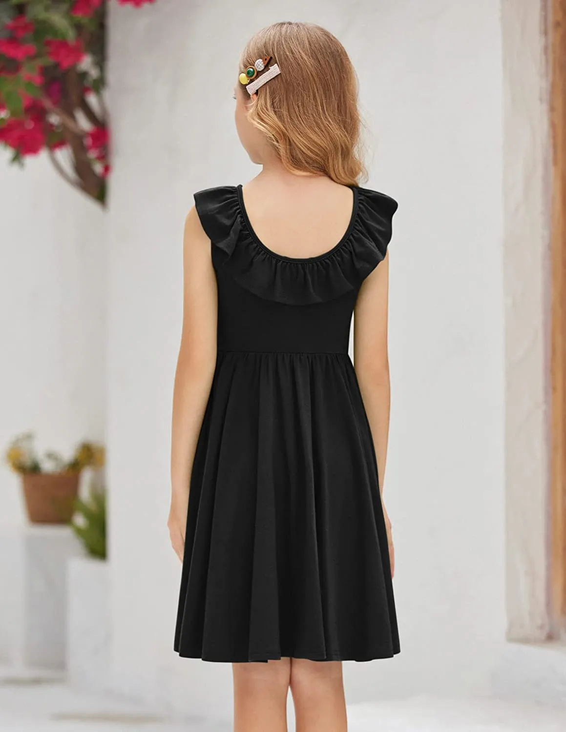 Arshiner Girls Ruffle Trim Neckline Dress A-Line Swing Dresses