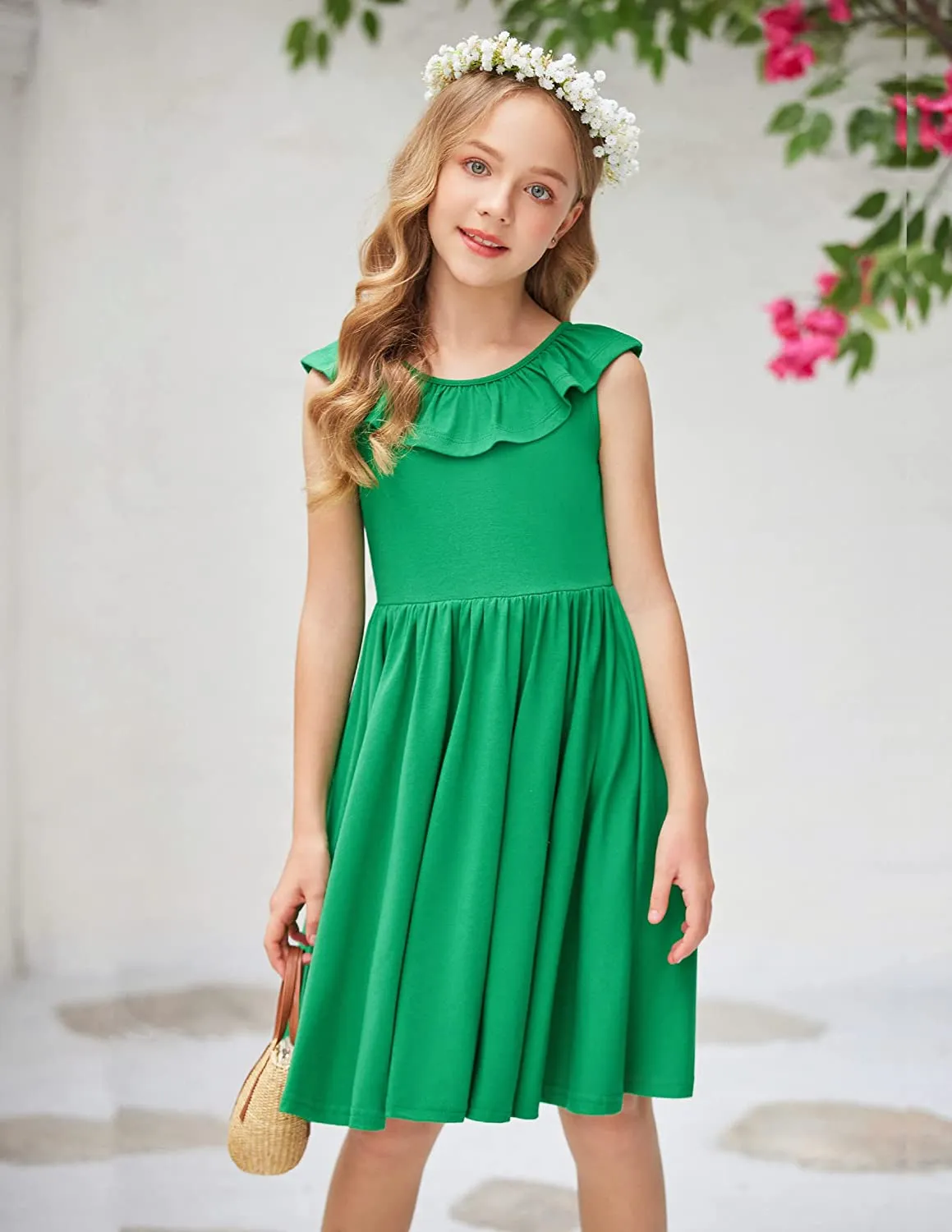 Arshiner Girls Ruffle Trim Neckline Dress A-Line Swing Dresses