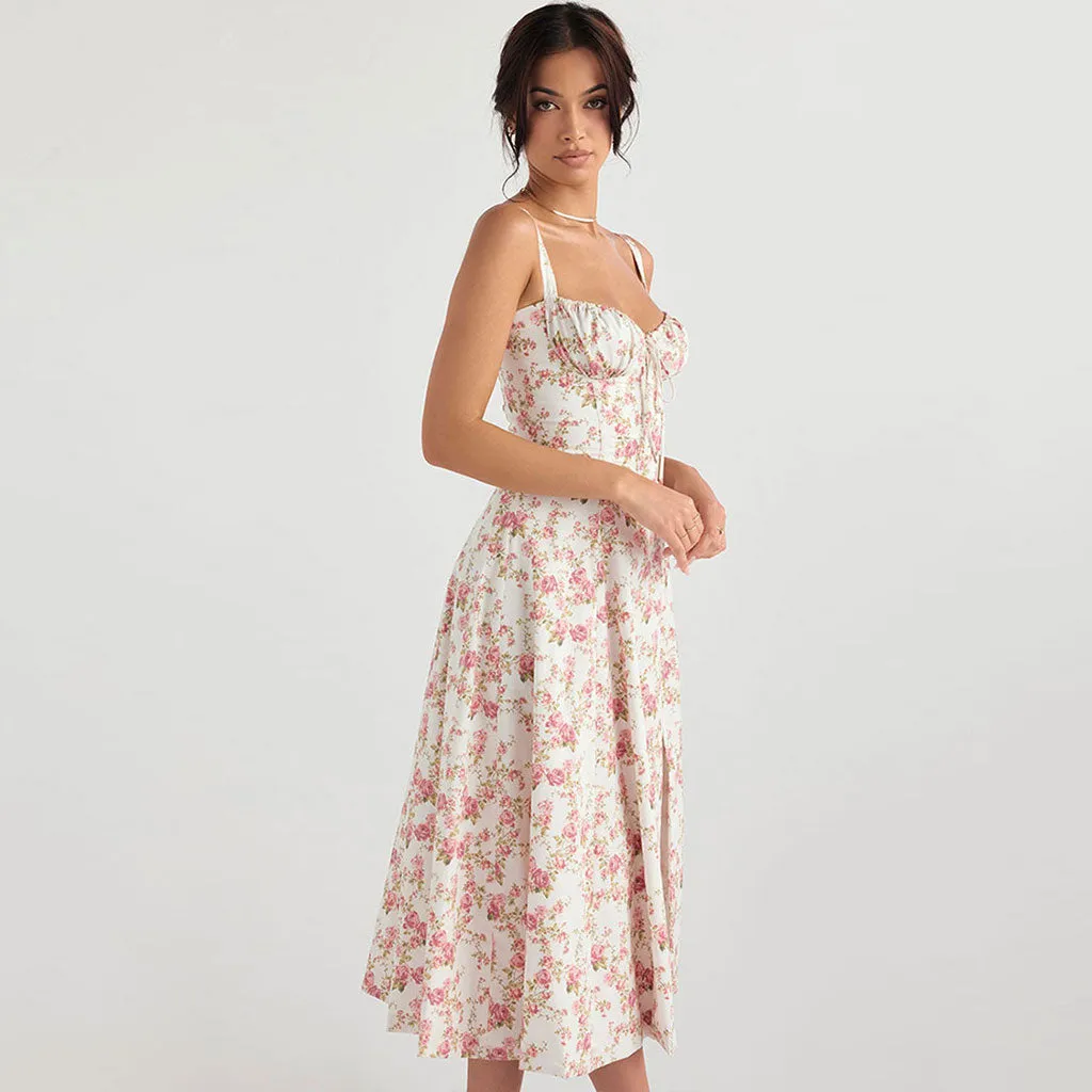Breezy Floral Printed Lace Up Back Tie String Slit Midi SunDresses - Pink