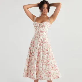 Breezy Floral Printed Lace Up Back Tie String Slit Midi SunDresses - Pink