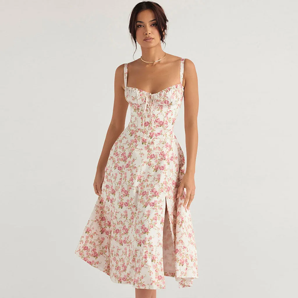 Breezy Floral Printed Lace Up Back Tie String Slit Midi SunDresses - Pink