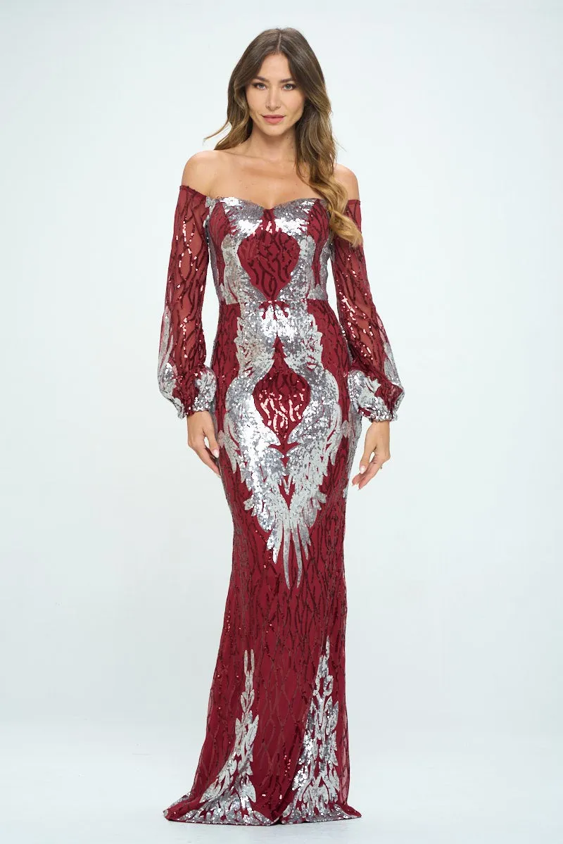 Burgundy Off The Shoulder Long Sleeves Sequin Maxi Dress