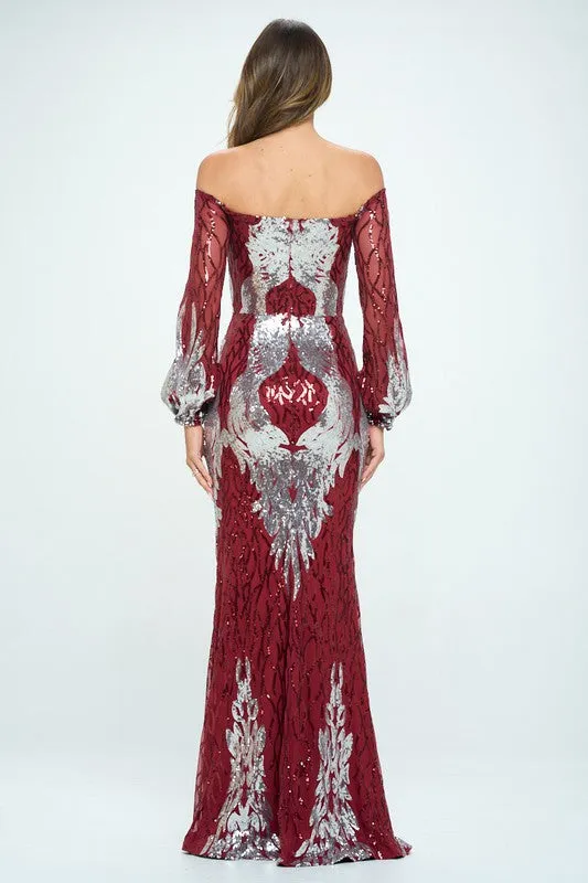 Burgundy Off The Shoulder Long Sleeves Sequin Maxi Dress
