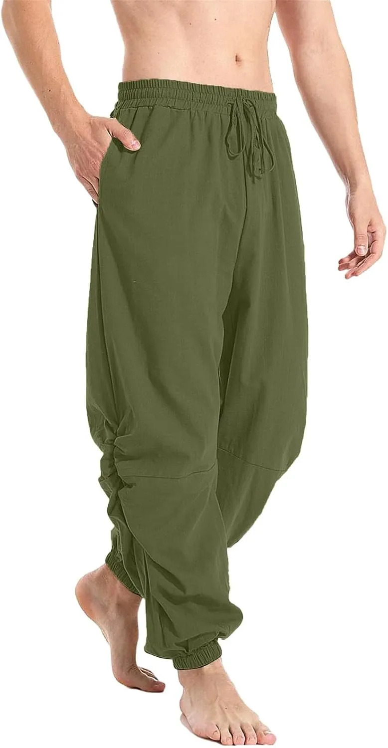 Cambkatl Men's Loose Summer Linen Harem Pants Lightweight Drawstring Casual Elastic Waist Beach Yoga Trousers with Pockets