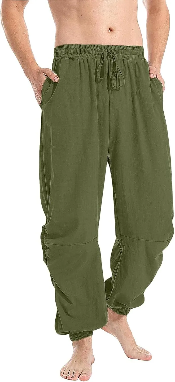 Cambkatl Men's Loose Summer Linen Harem Pants Lightweight Drawstring Casual Elastic Waist Beach Yoga Trousers with Pockets
