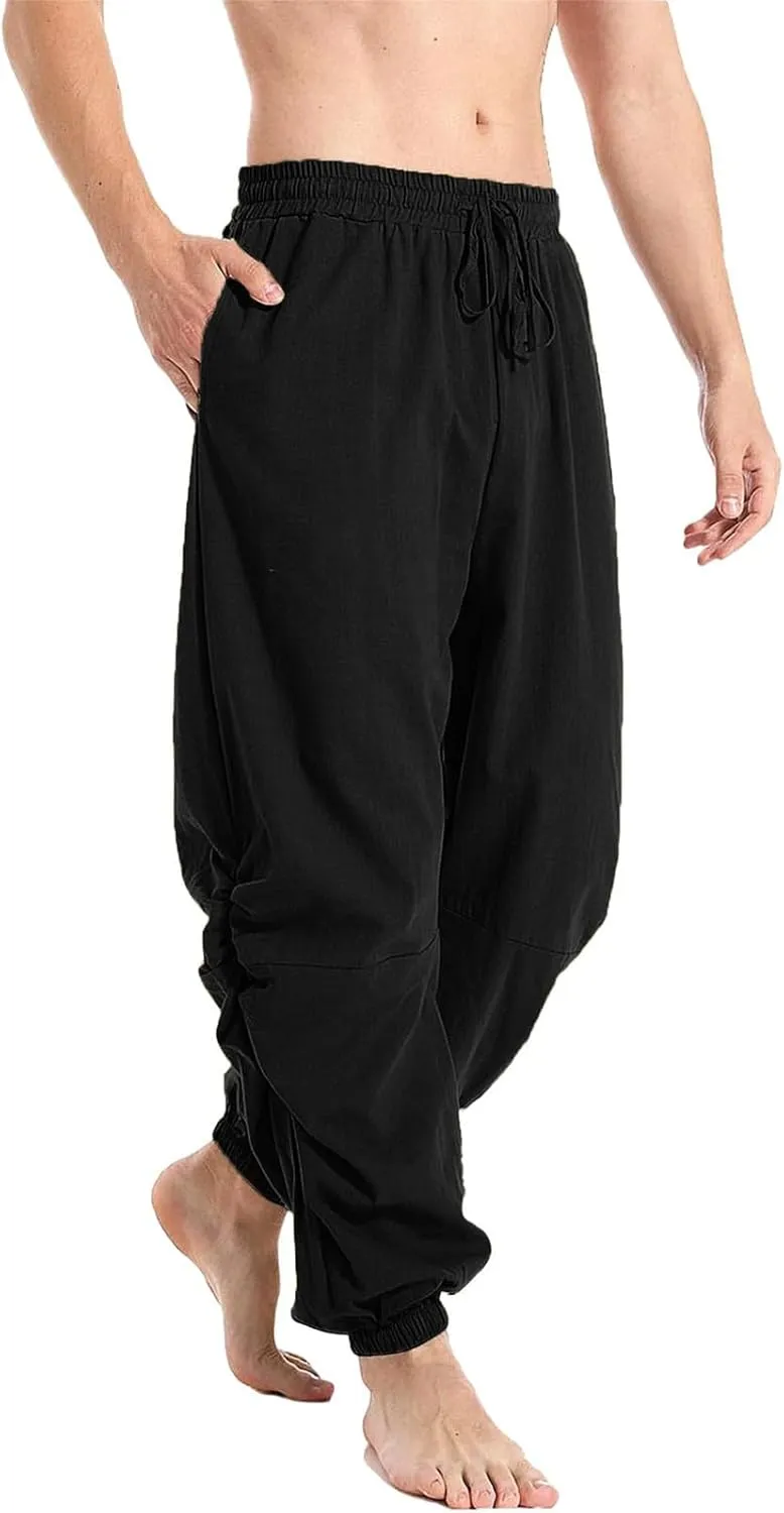 Cambkatl Men's Loose Summer Linen Harem Pants Lightweight Drawstring Casual Elastic Waist Beach Yoga Trousers with Pockets