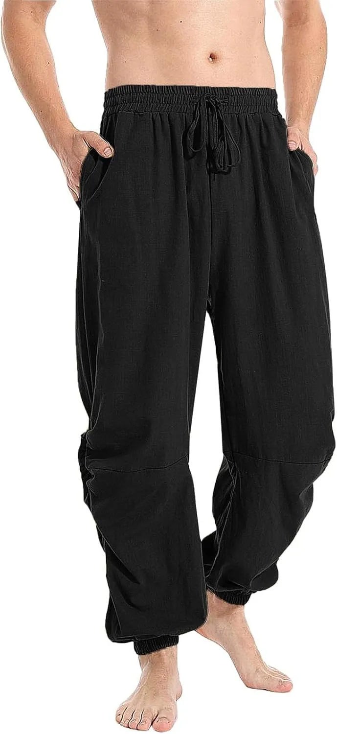 Cambkatl Men's Loose Summer Linen Harem Pants Lightweight Drawstring Casual Elastic Waist Beach Yoga Trousers with Pockets