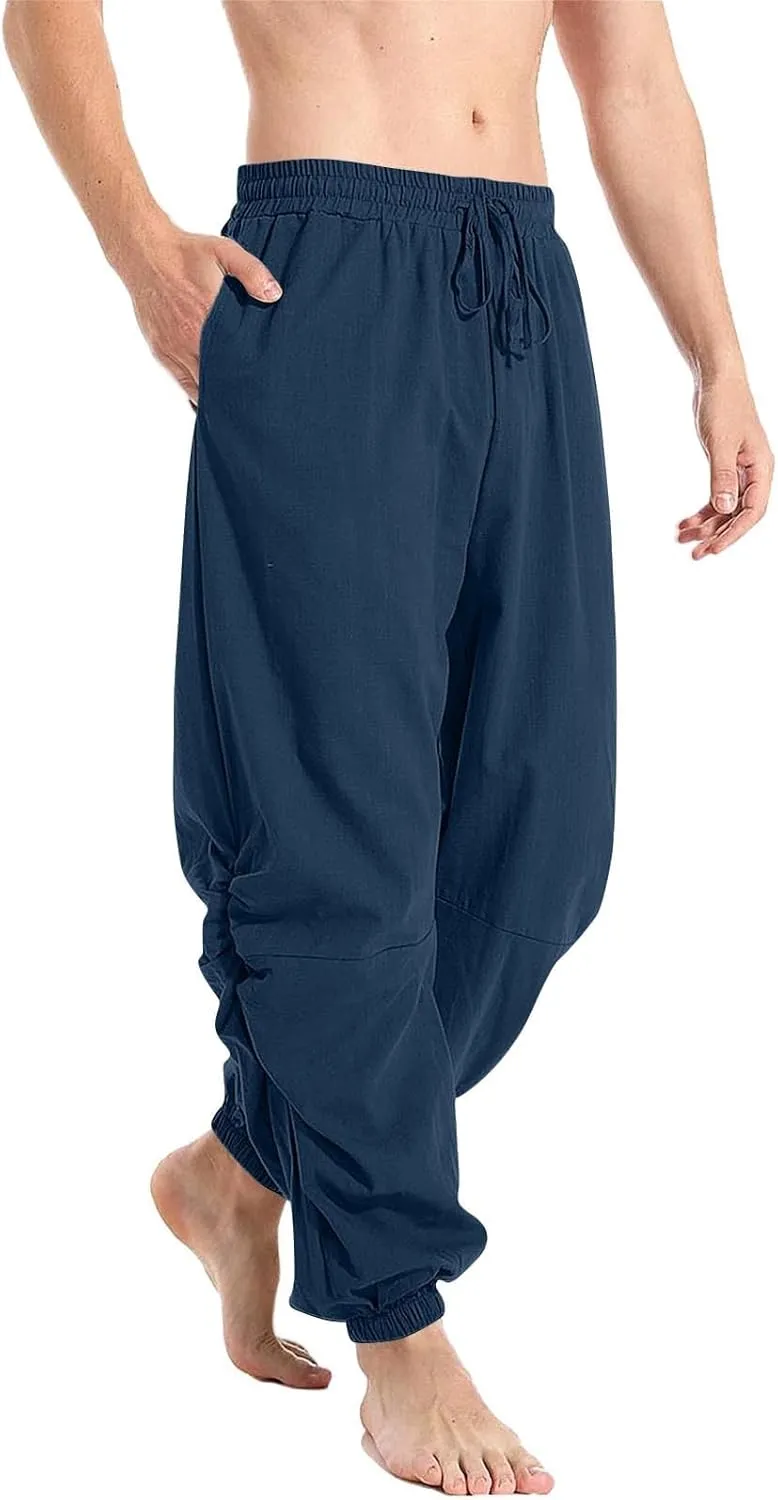 Cambkatl Men's Loose Summer Linen Harem Pants Lightweight Drawstring Casual Elastic Waist Beach Yoga Trousers with Pockets