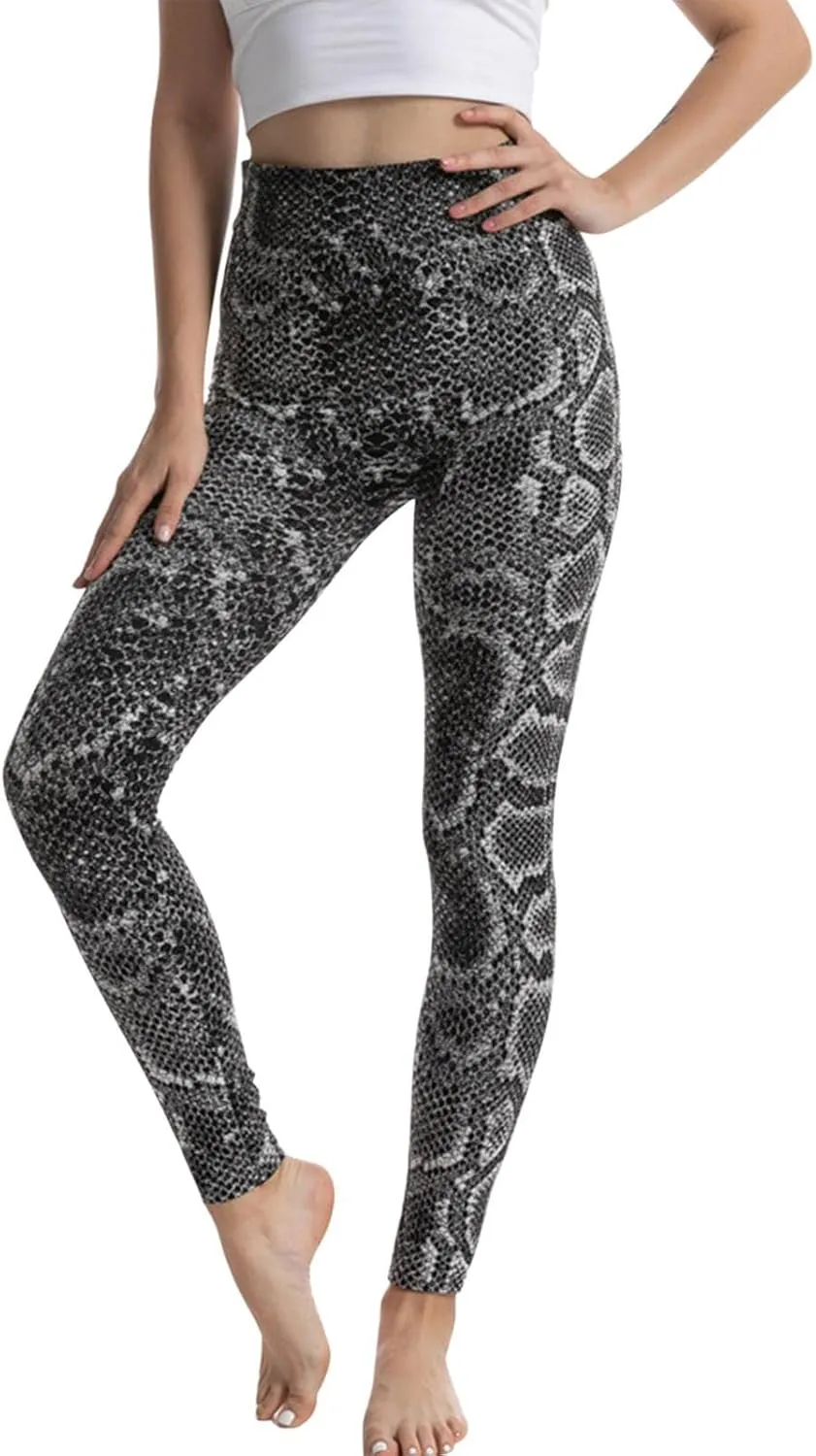 Casual Leggings for Women High Waist Printed Tummy Control Butt Lifting Pants Fitness Tights Athletic Elastic Waist Slimming Compression Patterned women sets piece Snake Pattern H10-Grey