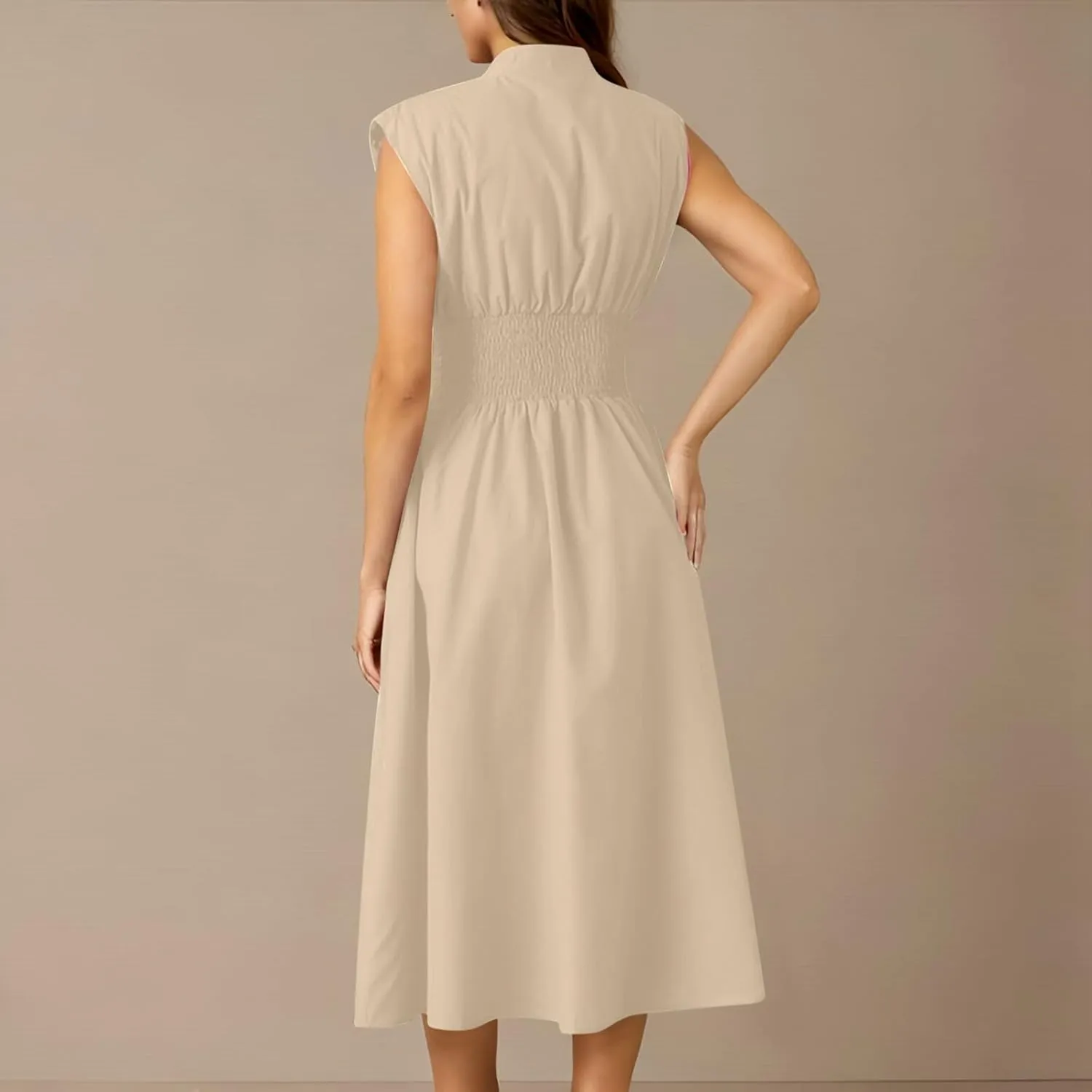 Casual Summer Dresses for Women 2025,Women's Summer Casual V Neck Cap Sleeve Dress Smocked Elastic Waist Midi Dresses