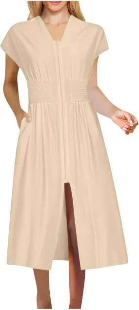 Casual Summer Dresses for Women 2025,Women's Summer Casual V Neck Cap Sleeve Dress Smocked Elastic Waist Midi Dresses