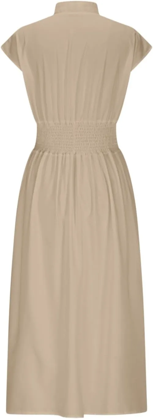 Casual Summer Dresses for Women 2025,Women's Summer Casual V Neck Cap Sleeve Dress Smocked Elastic Waist Midi Dresses