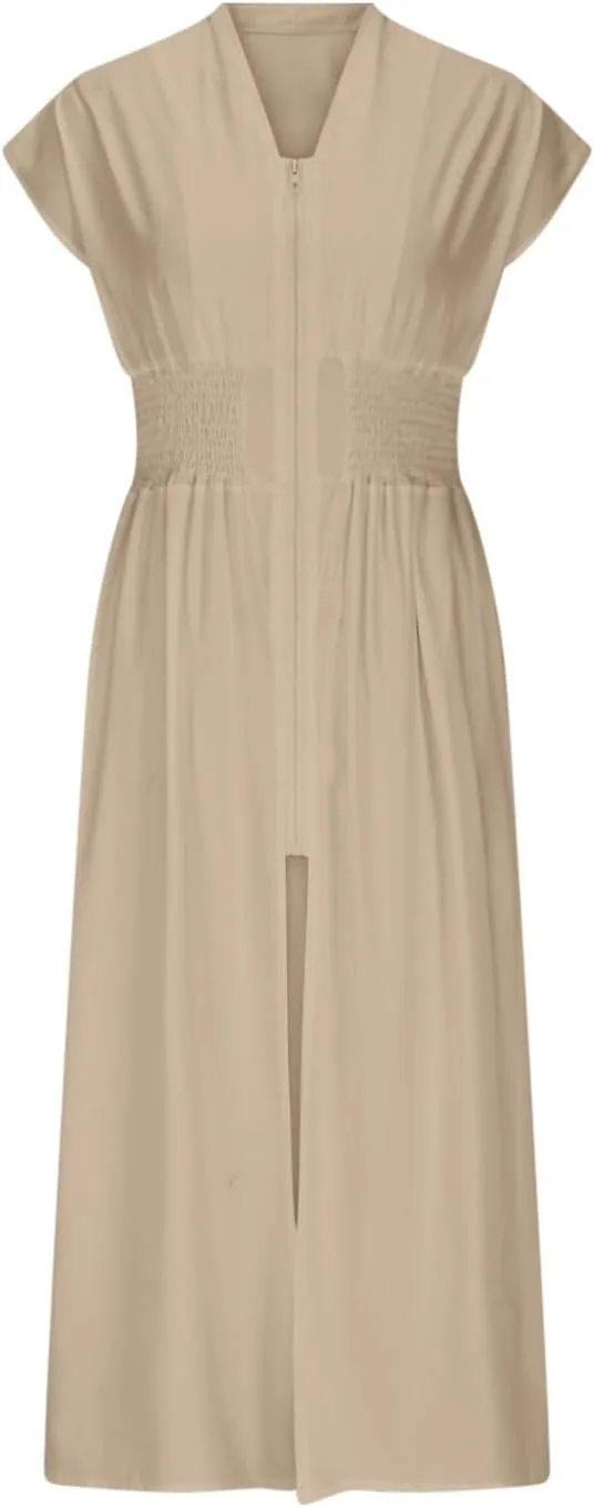 Casual Summer Dresses for Women 2025,Women's Summer Casual V Neck Cap Sleeve Dress Smocked Elastic Waist Midi Dresses