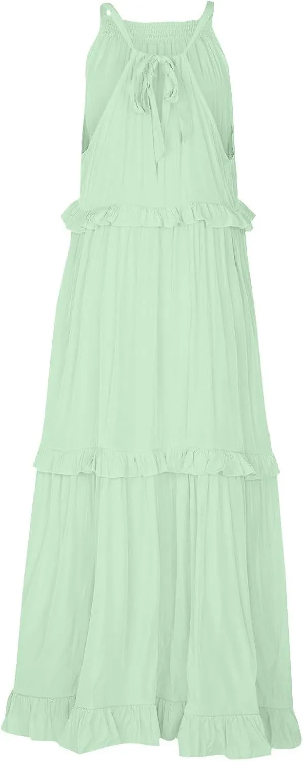 Casual Summer Dresses for Women Loose Round Neck Sleeveless Solid Color Sundress Fashion Pleated Long Maxi Dress