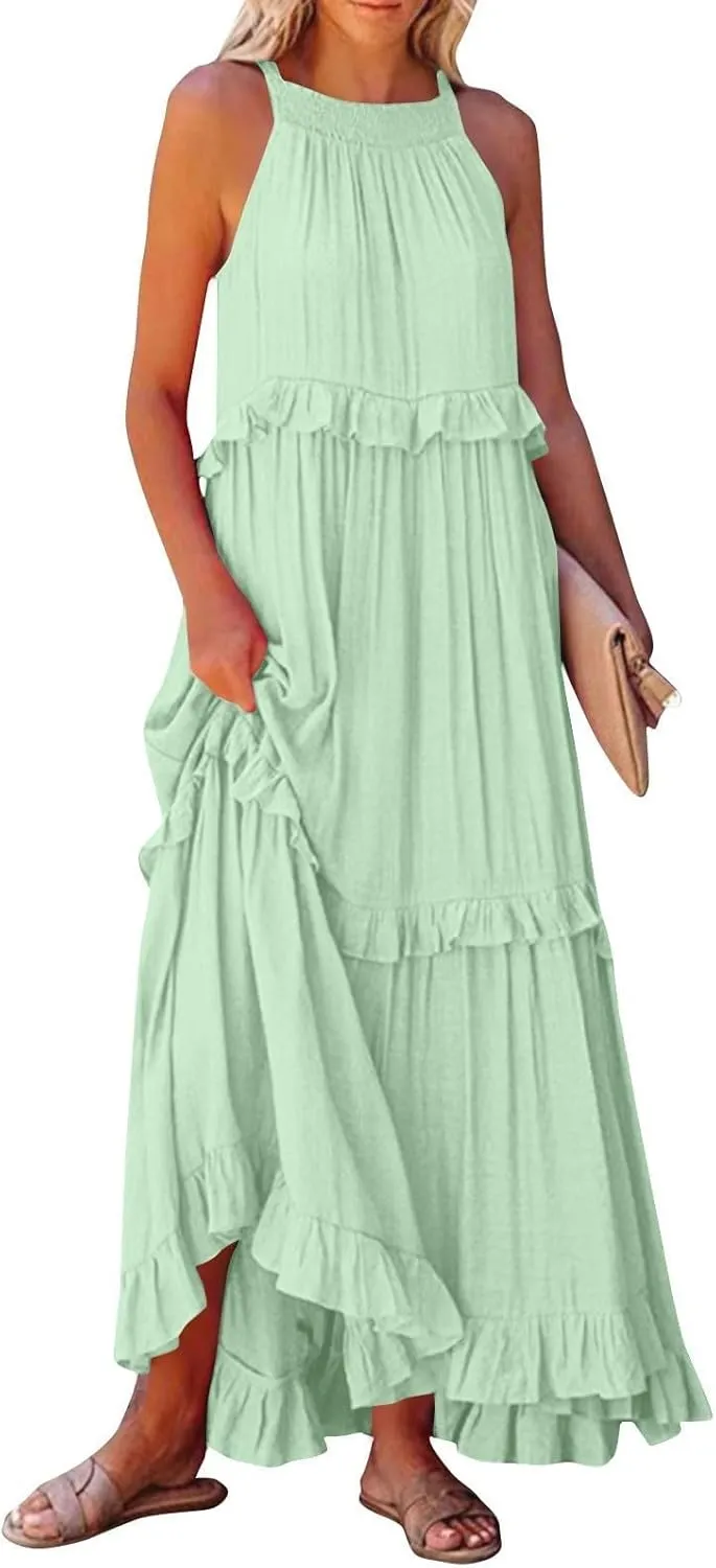 Casual Summer Dresses for Women Loose Round Neck Sleeveless Solid Color Sundress Fashion Pleated Long Maxi Dress