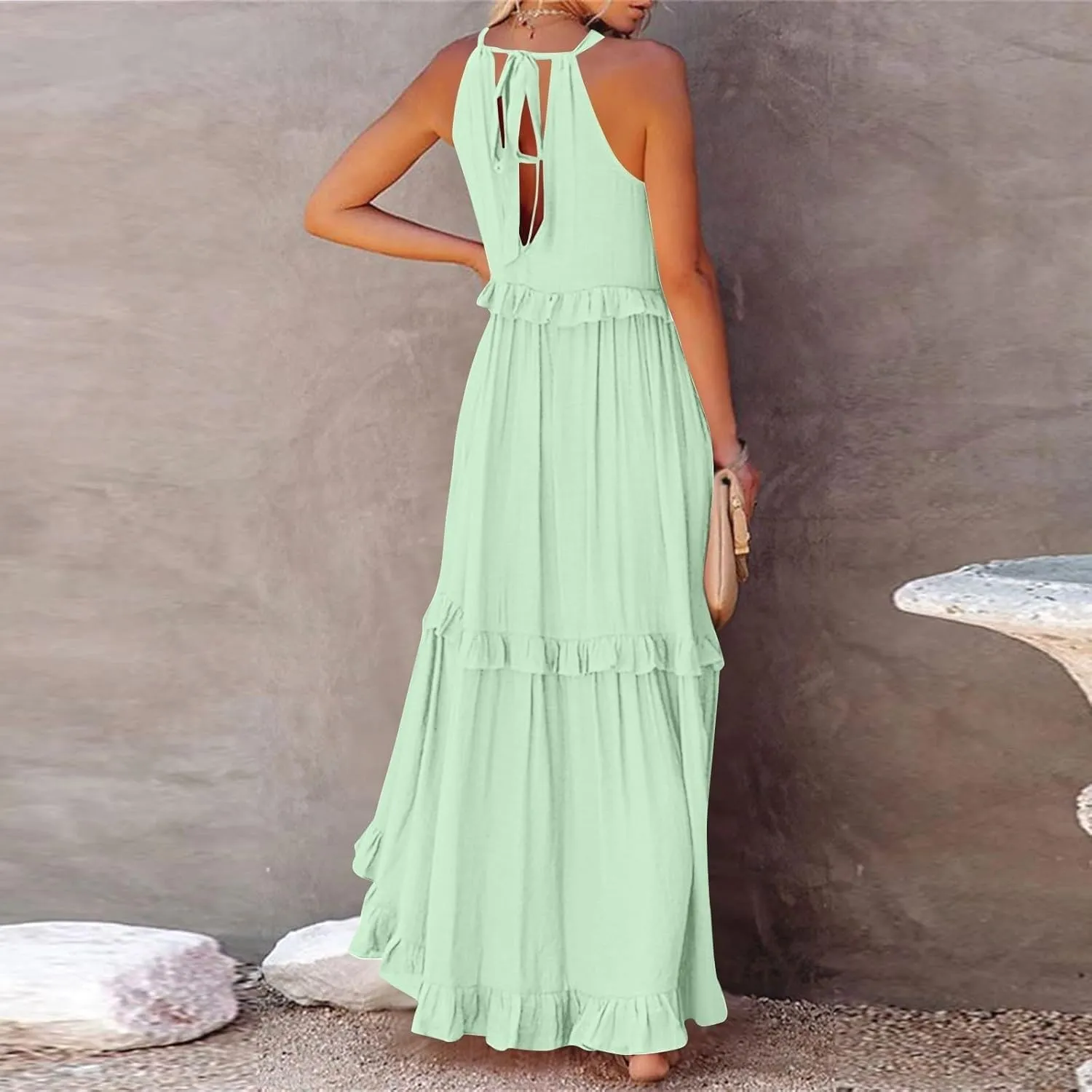 Casual Summer Dresses for Women Loose Round Neck Sleeveless Solid Color Sundress Fashion Pleated Long Maxi Dress