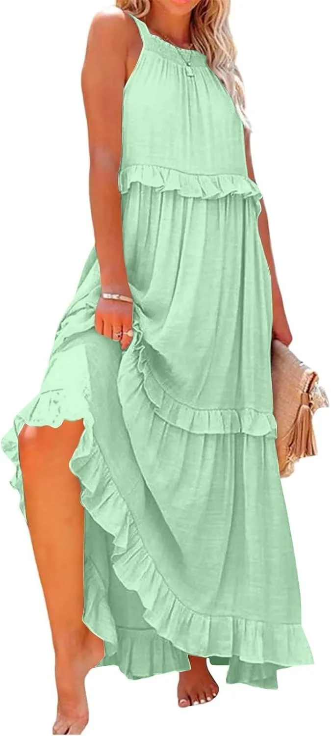 Casual Summer Dresses for Women Loose Round Neck Sleeveless Solid Color Sundress Fashion Pleated Long Maxi Dress