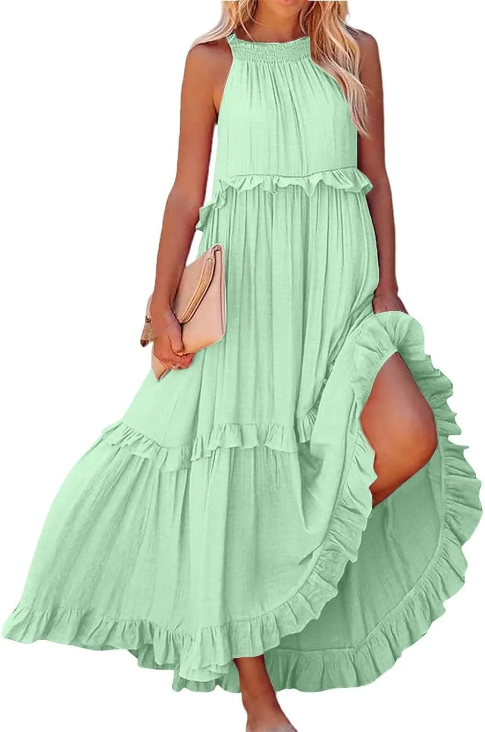 Casual Summer Dresses for Women Loose Round Neck Sleeveless Solid Color Sundress Fashion Pleated Long Maxi Dress