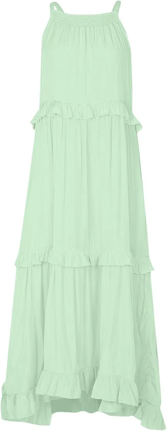 Casual Summer Dresses for Women Loose Round Neck Sleeveless Solid Color Sundress Fashion Pleated Long Maxi Dress