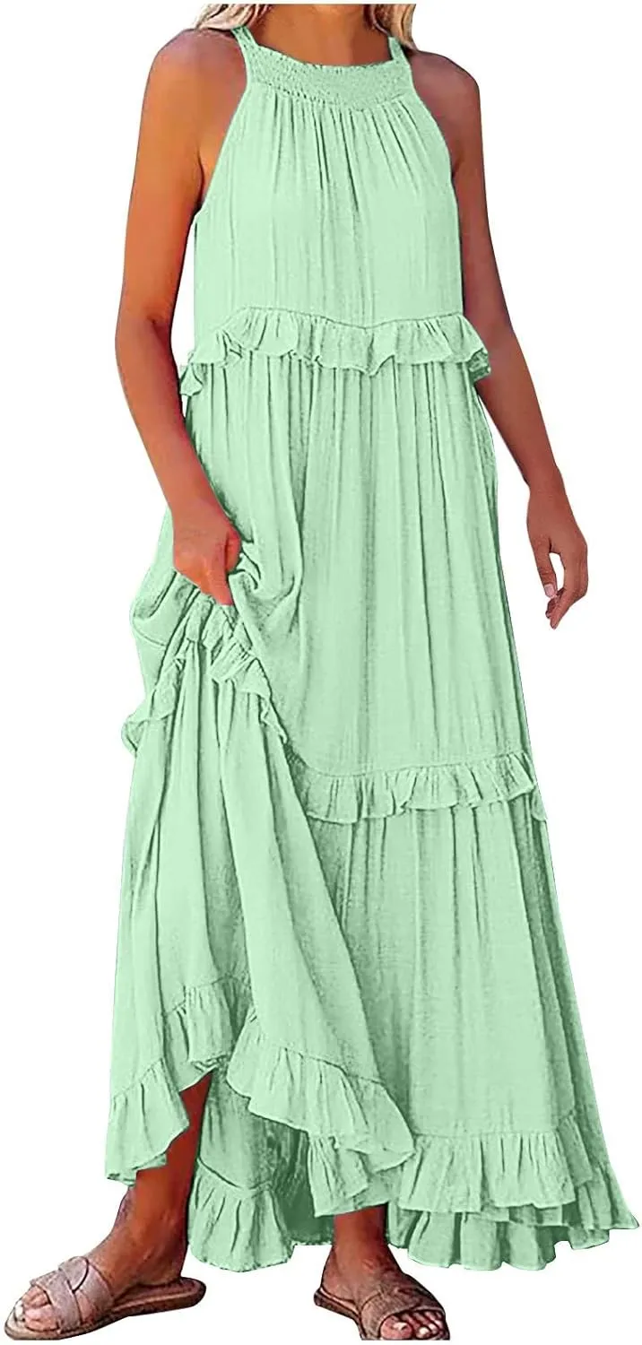 Casual Summer Dresses for Women Loose Round Neck Sleeveless Solid Color Sundress Fashion Pleated Long Maxi Dress
