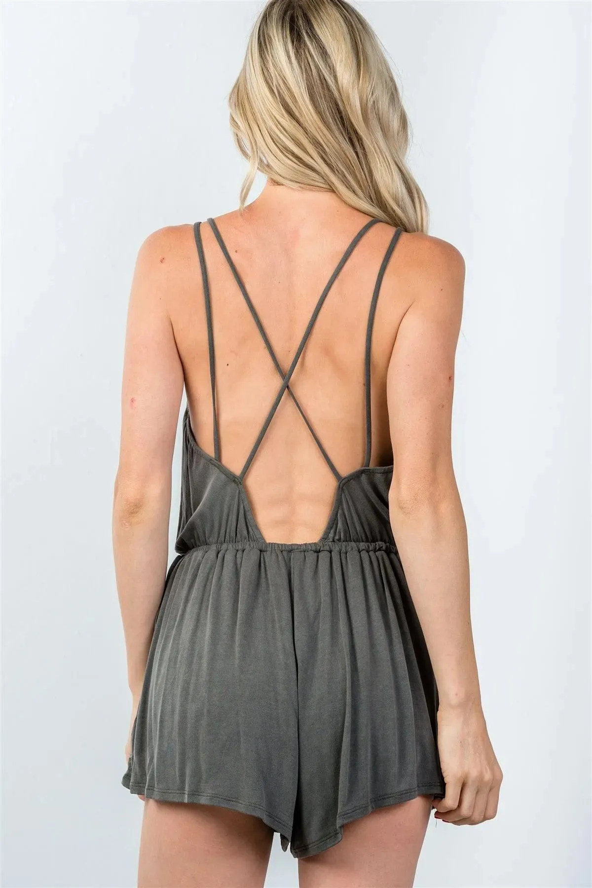 Charcoal Cross Low-Back Bow Romper / 3-2-1