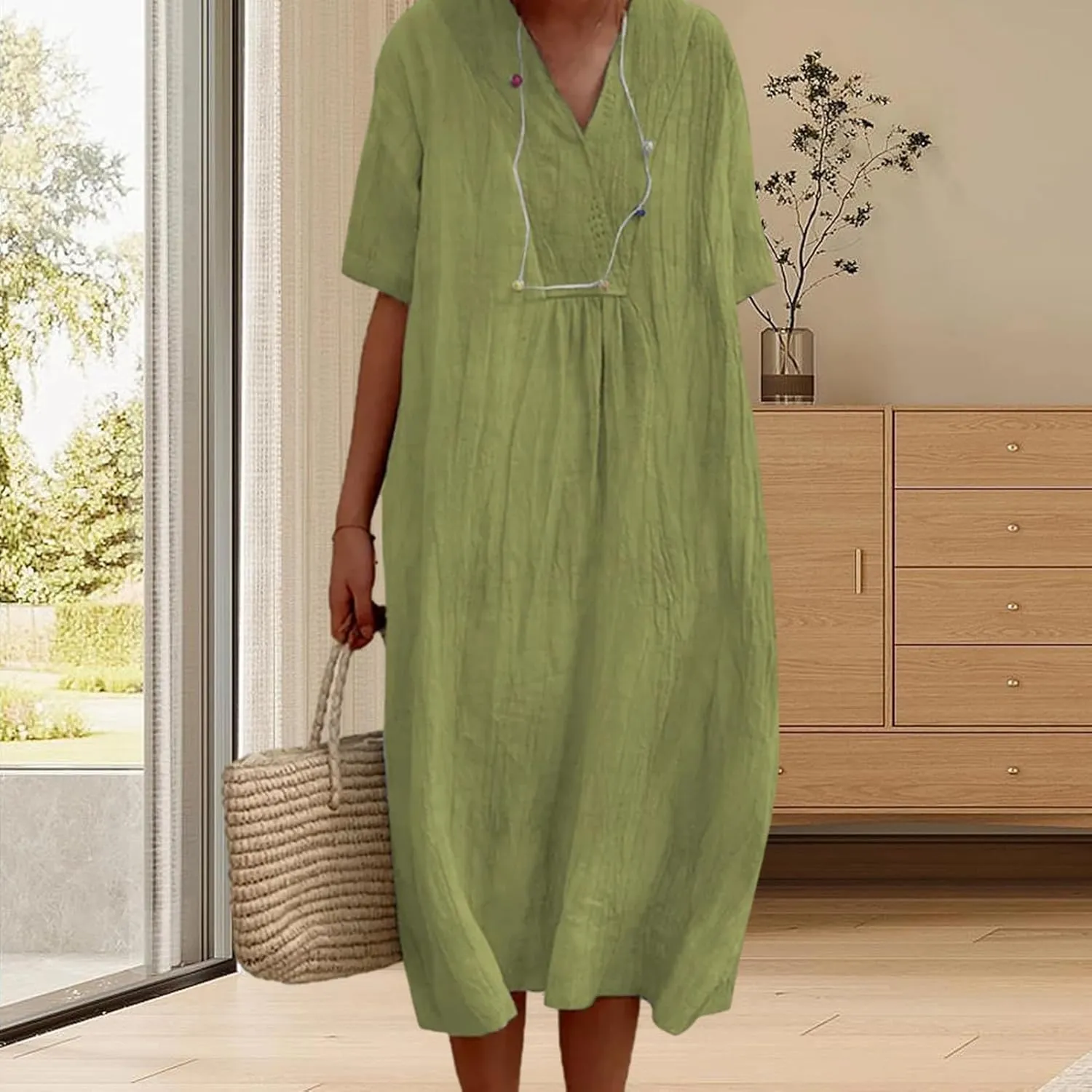 Cotton and Linen V-Neck Midi Dress Summer Casual Loose Short Sleeve T Shirts Long Dresses Comfortable Lounge Dresses