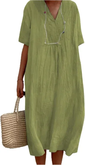 Cotton and Linen V-Neck Midi Dress Summer Casual Loose Short Sleeve T Shirts Long Dresses Comfortable Lounge Dresses