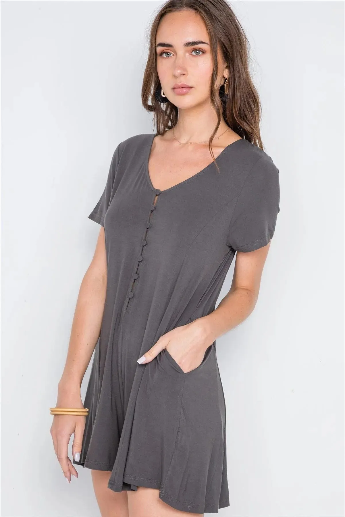 Dark Charcoal Solid Short Sleeve Button Down Romper /1-2-2