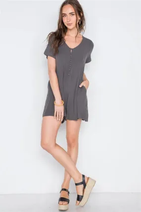 Dark Charcoal Solid Short Sleeve Button Down Romper /1-2-2