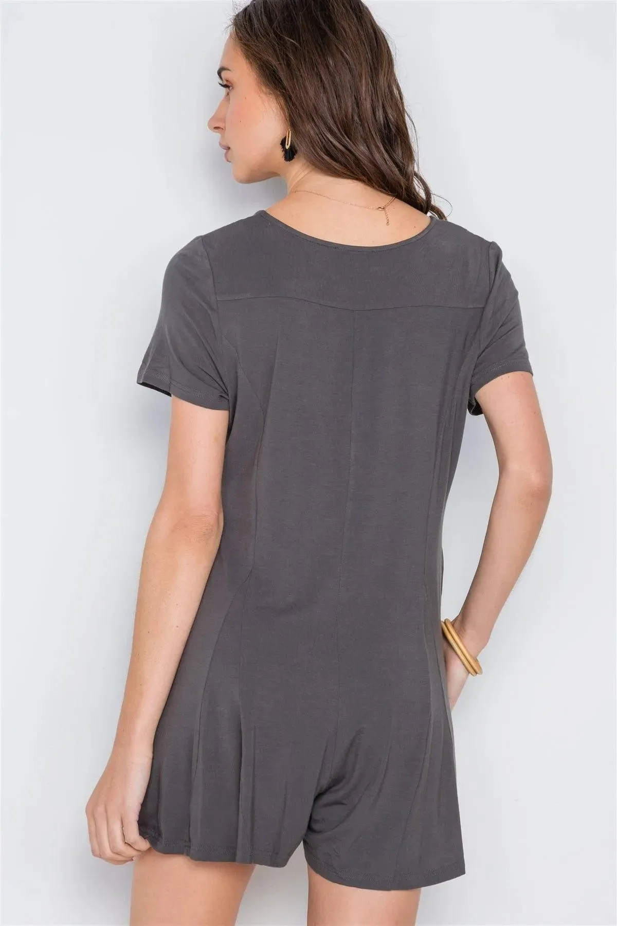 Dark Charcoal Solid Short Sleeve Button Down Romper /1-2-2