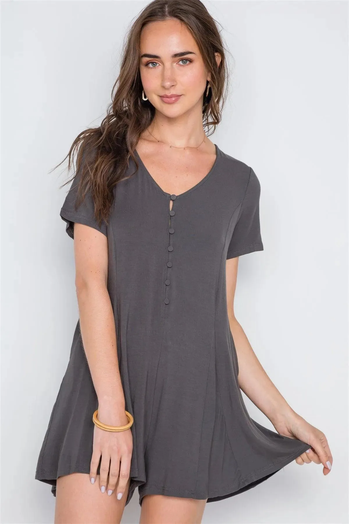 Dark Charcoal Solid Short Sleeve Button Down Romper /1-2-2