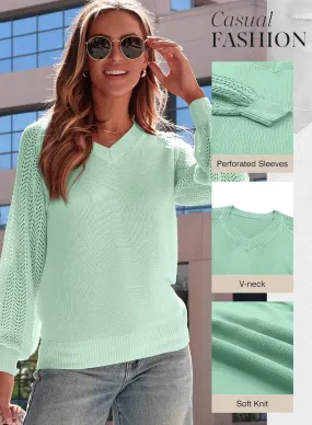 Dokotoo Women's Casual V-Neck Long Sleeve Sweaters Solid Color Pullover Knit Sweater Jumper Tops