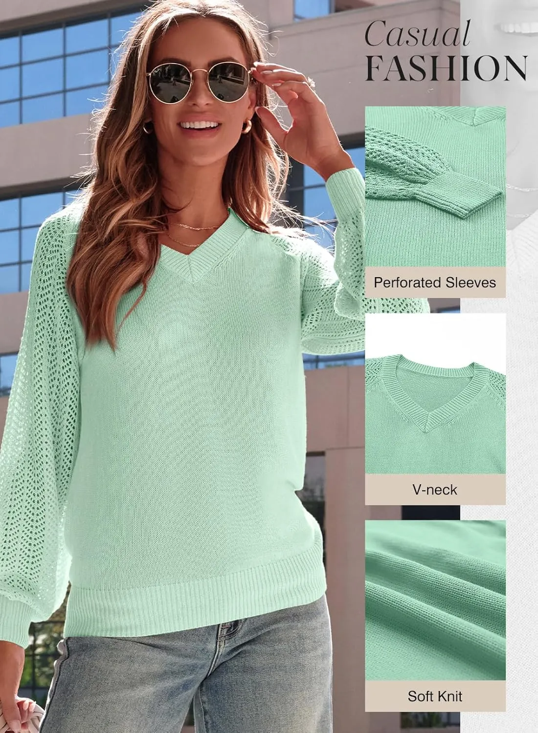 Dokotoo Women's Casual V-Neck Long Sleeve Sweaters Solid Color Pullover Knit Sweater Jumper Tops