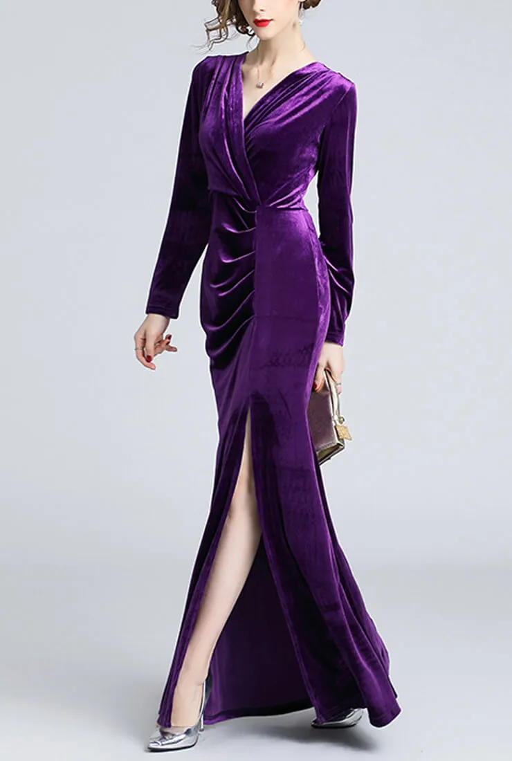 Elegant Side Slit Ruched Velvet Wrap Maxi Dress