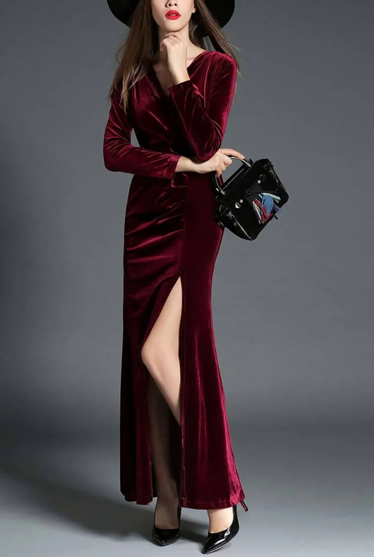 Elegant Side Slit Ruched Velvet Wrap Maxi Dress